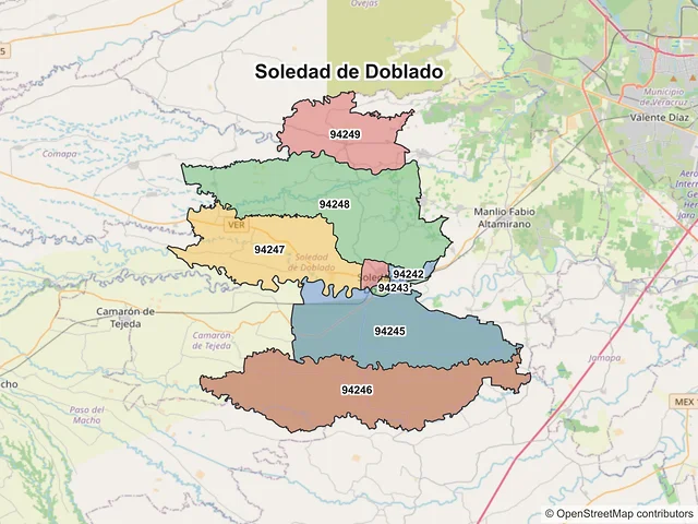Mapa de códigos postales de Soledad de Doblado, Veracruz de Ignacio de la Llave