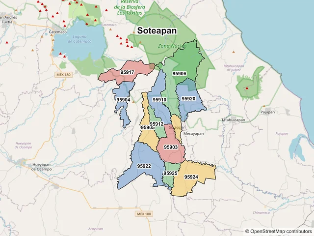 Mapa de códigos postales de Soteapan, Veracruz de Ignacio de la Llave