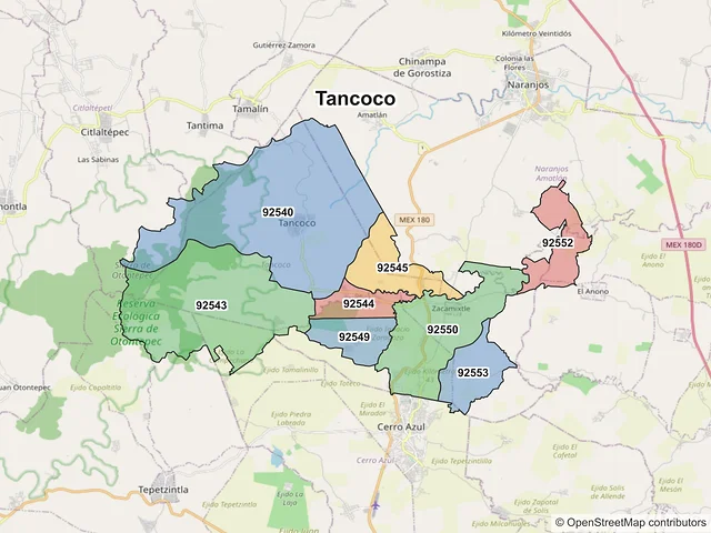 Mapa de códigos postales de Tancoco, Veracruz de Ignacio de la Llave