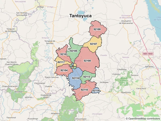 Mapa de códigos postales de Tantoyuca, Veracruz de Ignacio de la Llave
