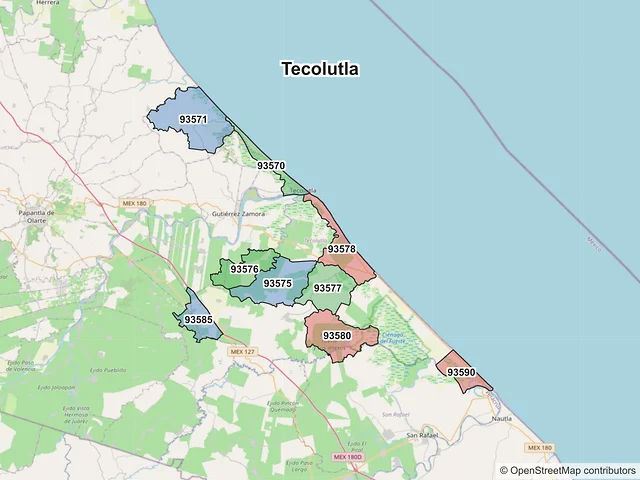 Mapa de códigos postales de Tecolutla, Veracruz de Ignacio de la Llave