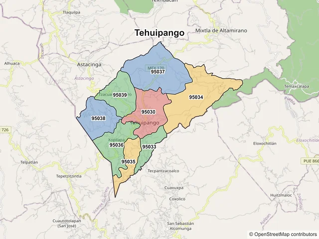 Mapa de códigos postales de Tehuipango, Veracruz de Ignacio de la Llave