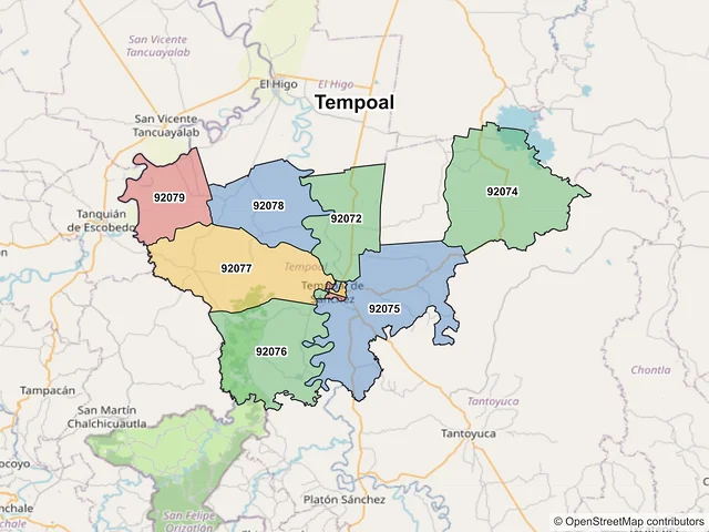 Mapa de códigos postales de Tempoal, Veracruz de Ignacio de la Llave