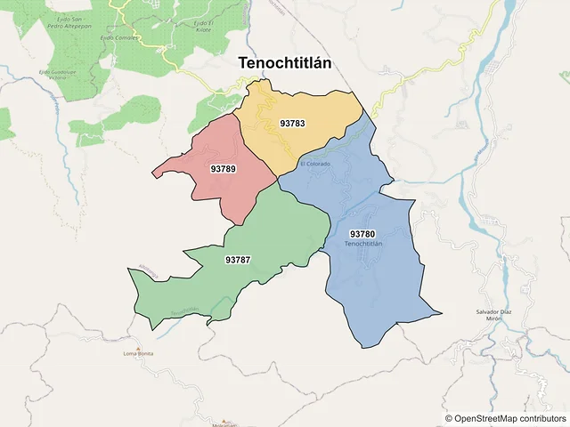Mapa de códigos postales de Tenochtitlán, Veracruz de Ignacio de la Llave