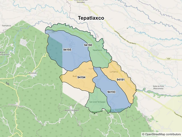 Mapa de códigos postales de Tepatlaxco, Veracruz de Ignacio de la Llave