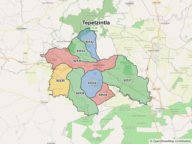 Mapa de códigos postales de Tepetzintla, Veracruz de Ignacio de la Llave