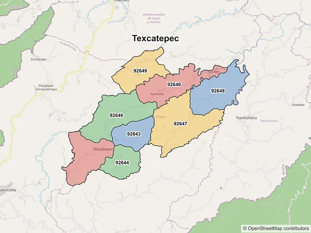 Mapa de códigos postales de Texcatepec, Veracruz de Ignacio de la Llave