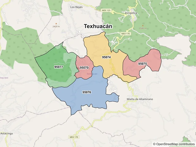 Mapa de códigos postales de Texhuacán, Veracruz de Ignacio de la Llave