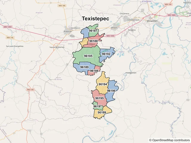 Mapa de códigos postales de Texistepec, Veracruz de Ignacio de la Llave