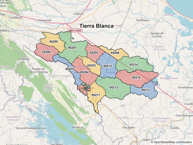 Mapa de códigos postales de Tierra Blanca, Veracruz de Ignacio de la Llave