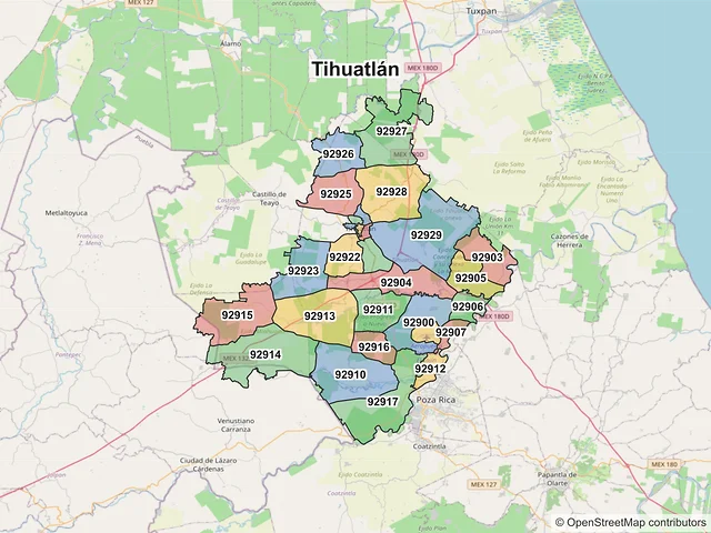 Mapa de códigos postales de Tihuatlán, Veracruz de Ignacio de la Llave