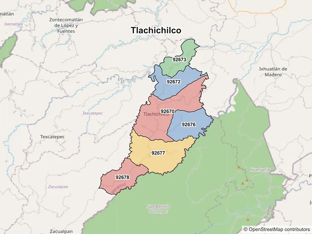 Mapa de códigos postales de Tlachichilco, Veracruz de Ignacio de la Llave