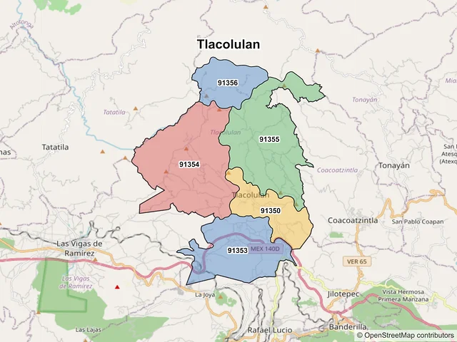 Mapa de códigos postales de Tlacolulan, Veracruz de Ignacio de la Llave