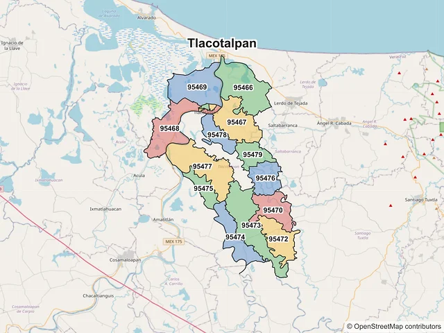 Mapa de códigos postales de Tlacotalpan, Veracruz de Ignacio de la Llave