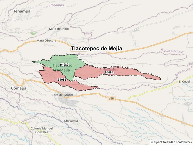 Mapa de códigos postales de Tlacotepec de Mejía, Veracruz de Ignacio de la Llave
