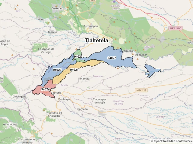 Mapa de códigos postales de Tlaltetela, Veracruz de Ignacio de la Llave