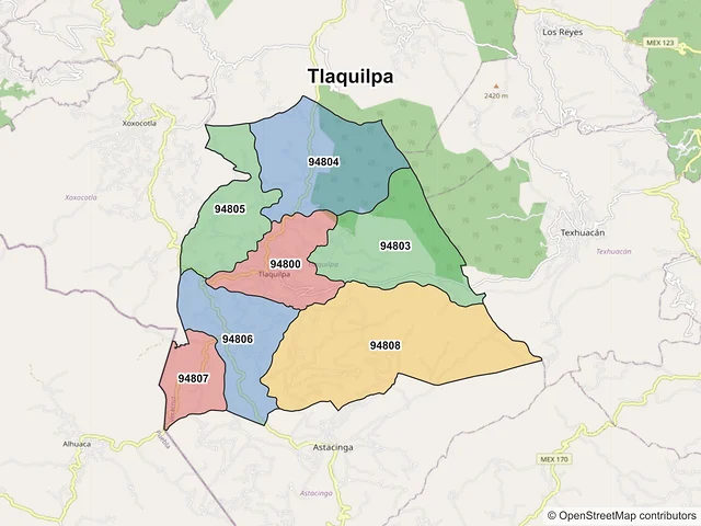 Mapa de códigos postales de Tlaquilpa, Veracruz de Ignacio de la Llave