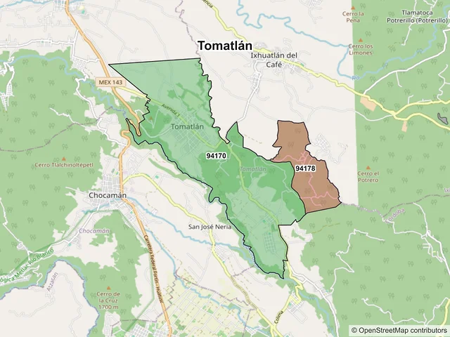 Mapa de códigos postales de Tomatlán, Veracruz de Ignacio de la Llave