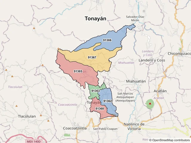 Mapa de códigos postales de Tonayán, Veracruz de Ignacio de la Llave
