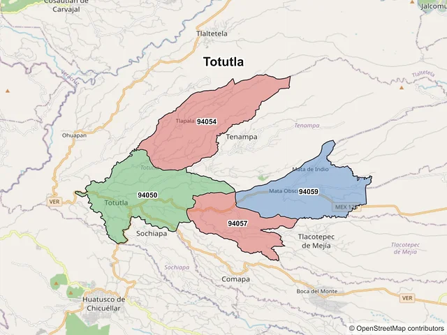 Mapa de códigos postales de Totutla, Veracruz de Ignacio de la Llave