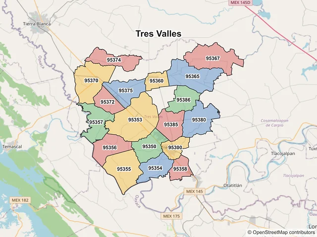 Mapa de códigos postales de Tres Valles, Veracruz de Ignacio de la Llave