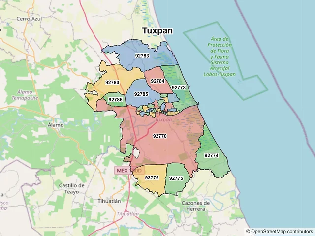 Mapa de códigos postales de Tuxpan, Veracruz de Ignacio de la Llave