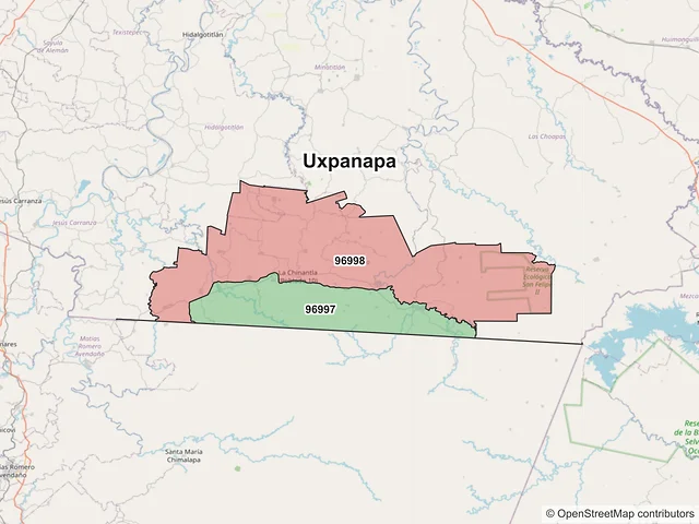 Mapa de códigos postales de Uxpanapa, Veracruz de Ignacio de la Llave