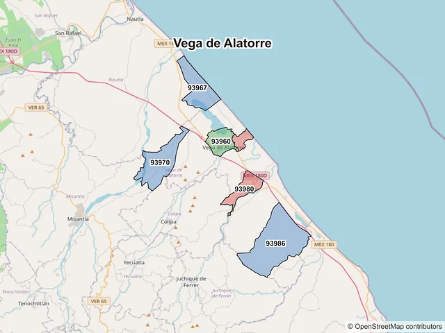 Mapa de códigos postales de Vega de Alatorre, Veracruz de Ignacio de la Llave