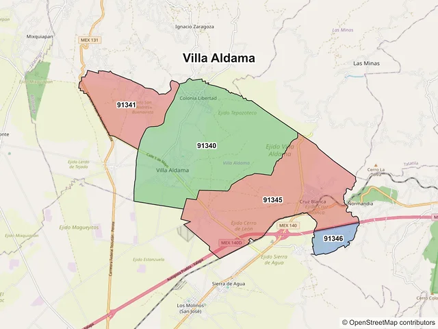 Mapa de códigos postales de Villa Aldama, Veracruz de Ignacio de la Llave