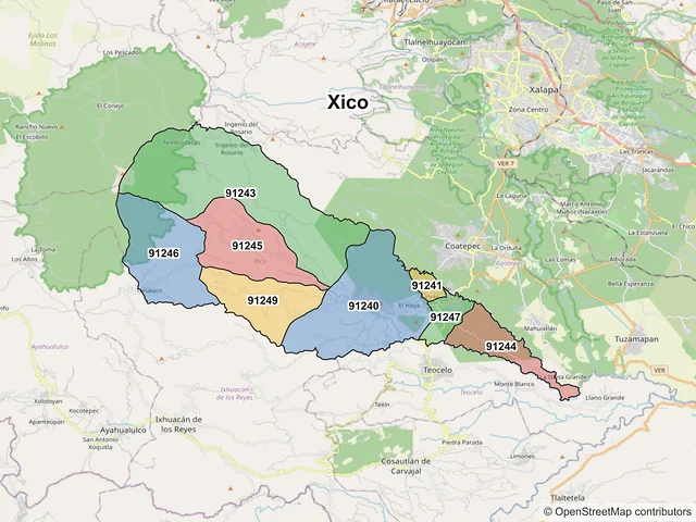 Mapa de códigos postales de Xico, Veracruz de Ignacio de la Llave