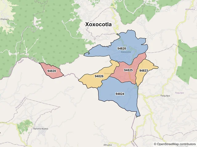 Mapa de códigos postales de Xoxocotla, Veracruz de Ignacio de la Llave