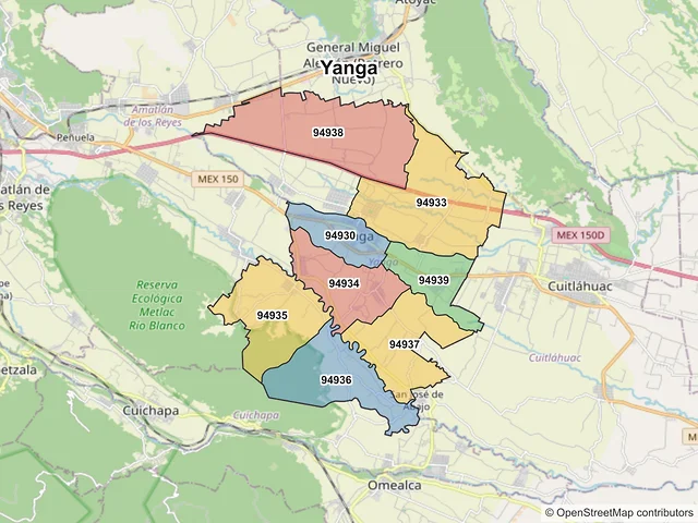 Mapa de códigos postales de Yanga, Veracruz de Ignacio de la Llave