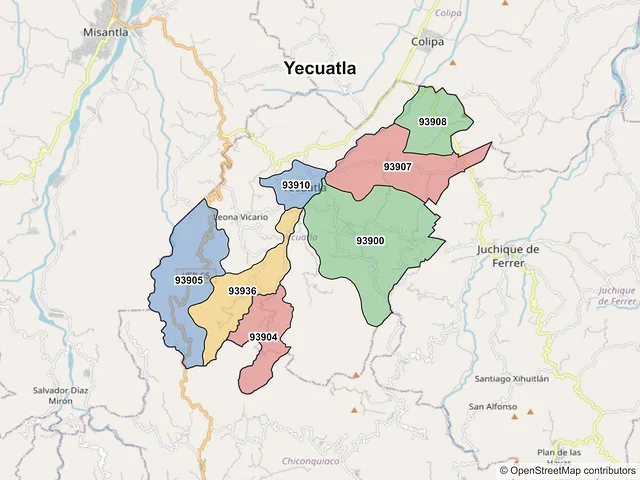 Mapa de códigos postales de Yecuatla, Veracruz de Ignacio de la Llave