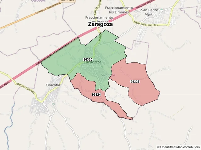 Mapa de códigos postales de Zaragoza, Veracruz de Ignacio de la Llave