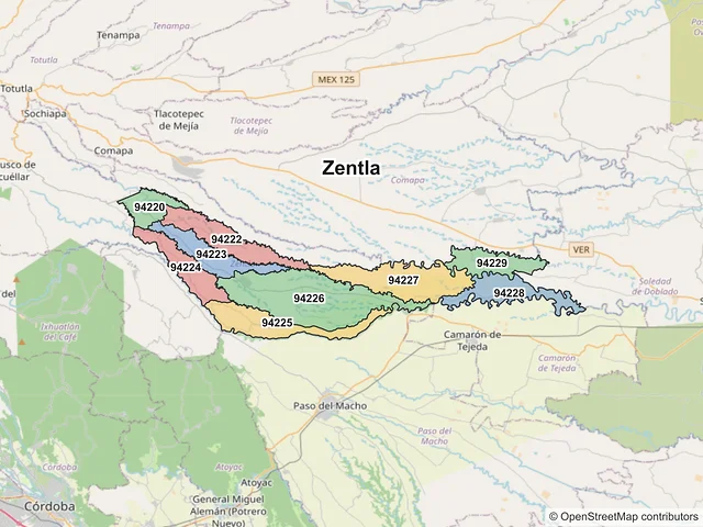 Mapa de códigos postales de Zentla, Veracruz de Ignacio de la Llave