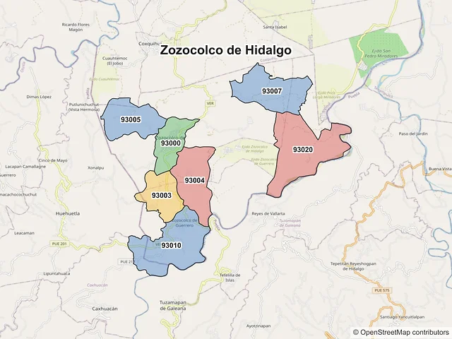 Mapa de códigos postales de Zozocolco de Hidalgo, Veracruz de Ignacio de la Llave