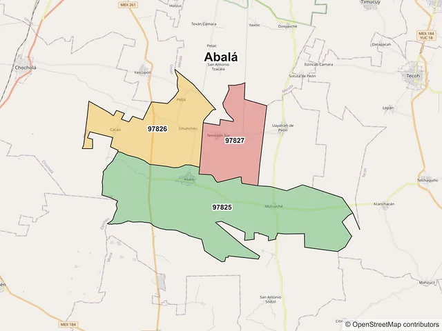 Mapa de códigos postales de Abalá, Yucatán