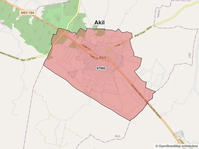 Mapa de códigos postales de Akil, Yucatán