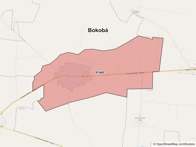Mapa de códigos postales de Bokobá, Yucatán