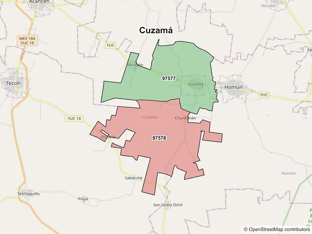 Mapa de códigos postales de Cuzamá, Yucatán