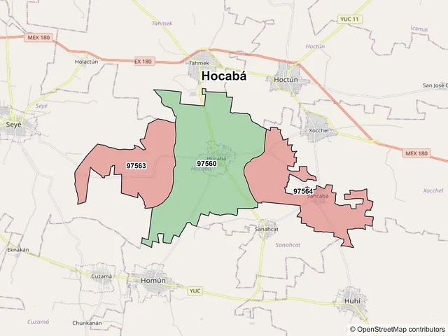 Mapa de códigos postales de Hocabá, Yucatán