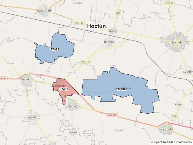 Mapa de códigos postales de Hoctún, Yucatán