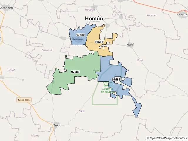 Mapa de códigos postales de Homún, Yucatán