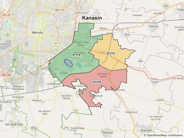 Mapa de códigos postales de Kanasín, Yucatán