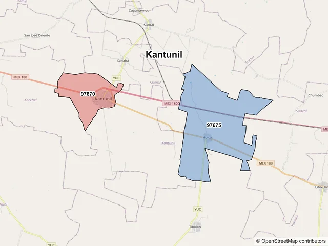 Mapa de códigos postales de Kantunil, Yucatán
