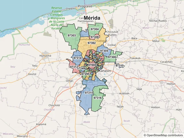 Mapa de códigos postales de Mérida, Yucatán