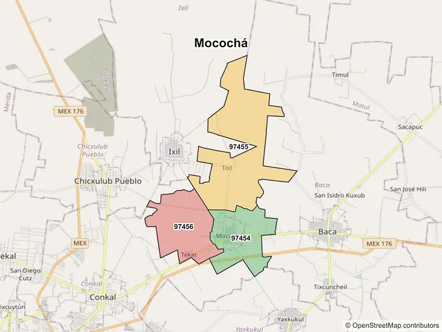 Mapa de códigos postales de Mocochá, Yucatán