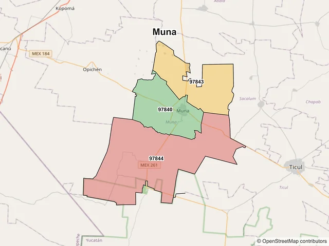 Mapa de códigos postales de Muna, Yucatán