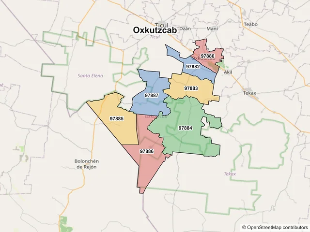 Mapa de códigos postales de Oxkutzcab, Yucatán