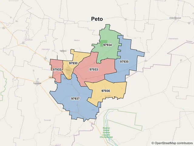 Mapa de códigos postales de Peto, Yucatán